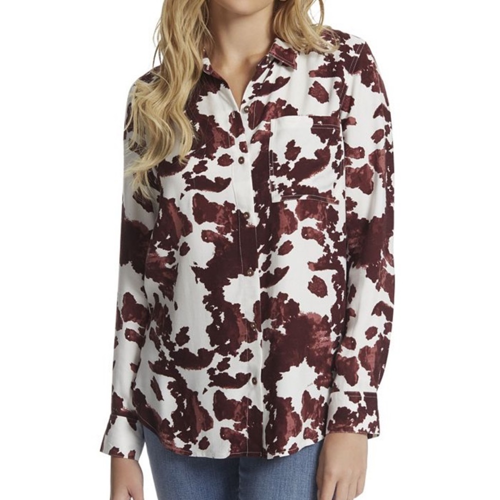 Women's Brown and White Printed Button-Up Top